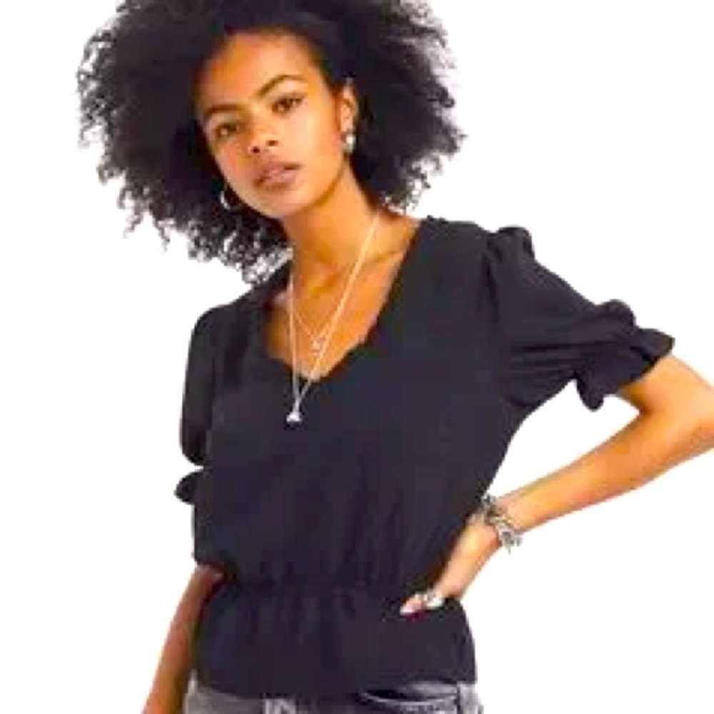 Topshop Dark black Ruffle V-Neck Blouse